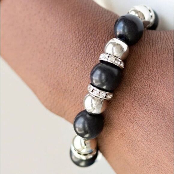 Elegant Black Silver Tone Beaded Bracelet Stretchy Womens Jewelry Accessory Cute - Picture 1 of 13